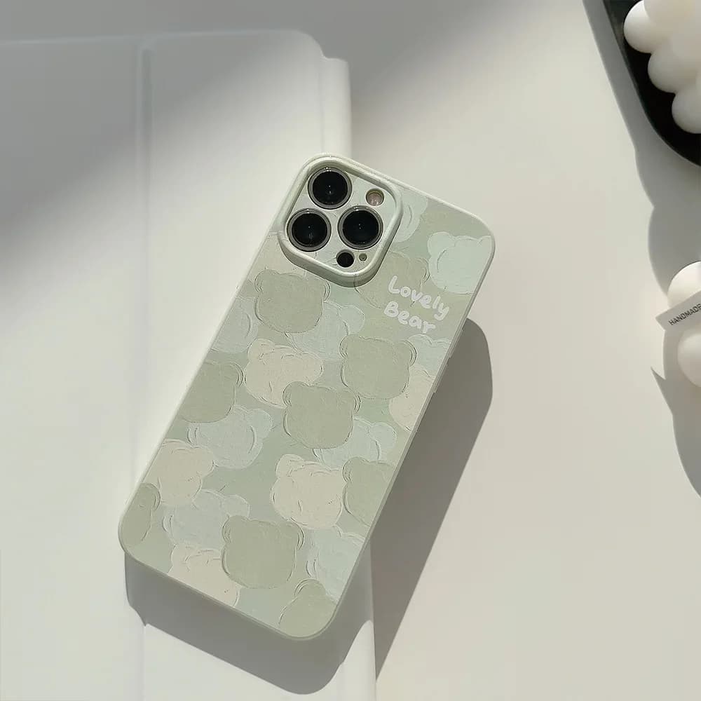 Cute Cartoon Green Oil Painting Bear Phone Case For iPhone 16 14 13 12 11 15 Pro Max Soft Silicone Shockproof Protective Cover
