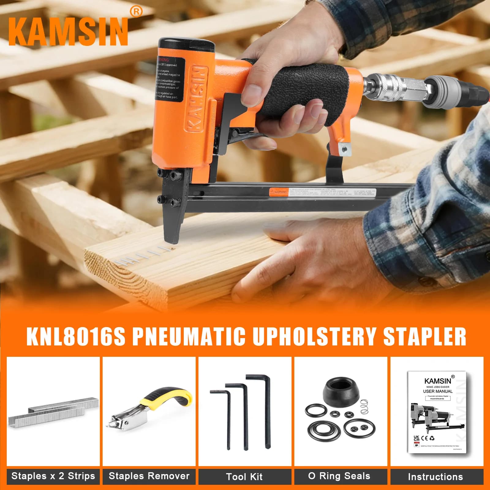KAMSIN KNL8016S Graffettatrice Pneumatica per Tappezzeria Calibro 21 con Caricatore Lungo Esteso, Pistola Graffettatrice per Mobili