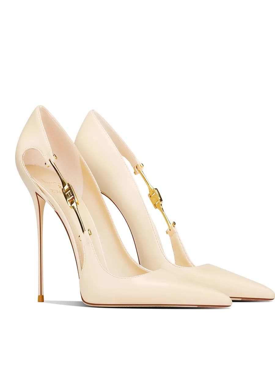 Scarpe da donna con tacco alto e pregiato, scarpe singole estive con fibbia in metallo cavo, cuoio capelluto a punta, scarpe da lavoro per banchetti di grandi dimensioni e piccole dimensioni