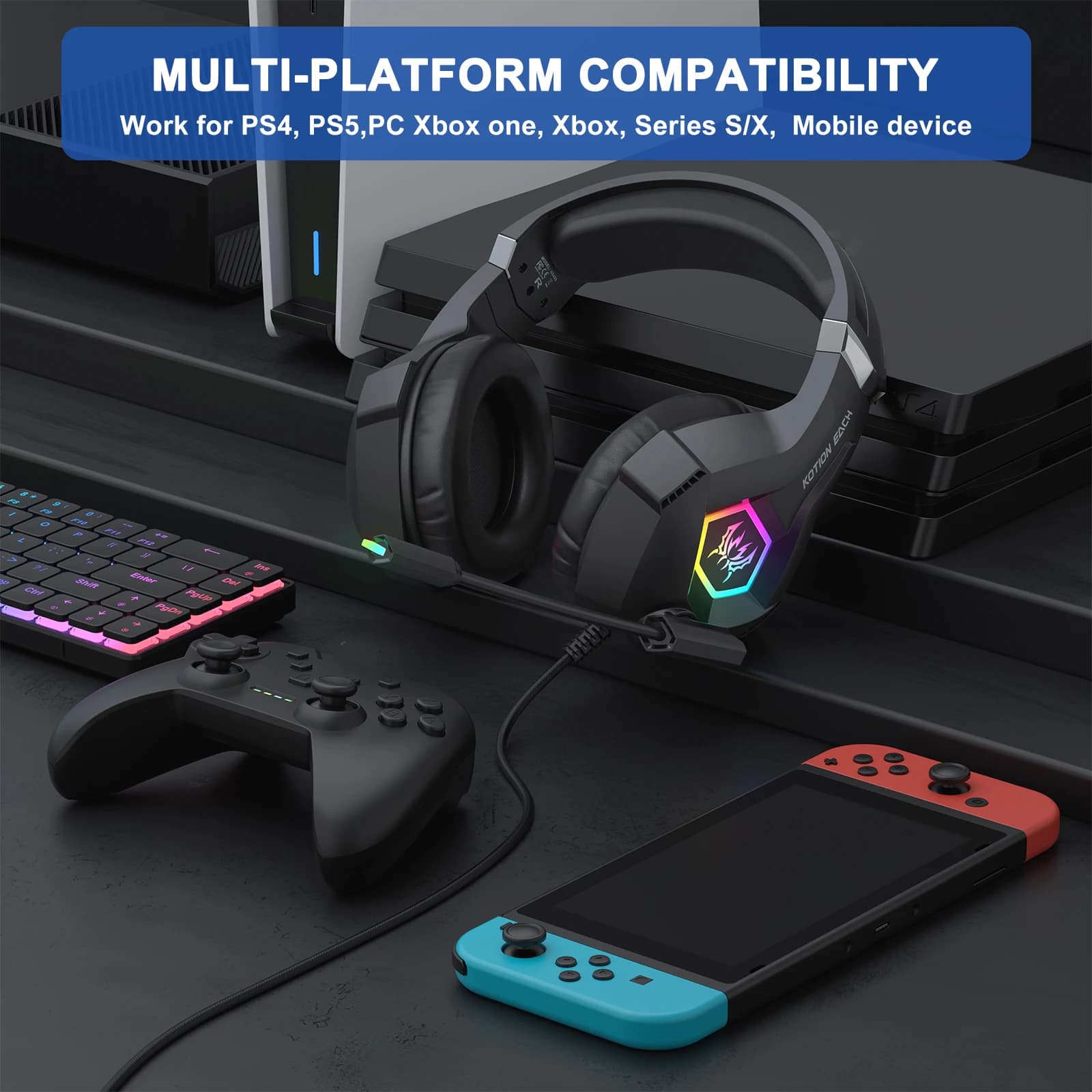 RGB gaming headphones with microphone Over-ear Headphones for PC with 3.5 mm surround sound for PC PS4 PS5 Xbox Laptop Mac