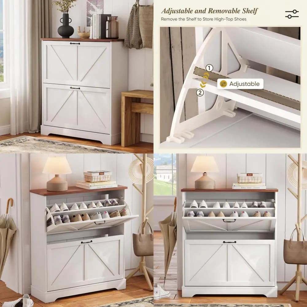 Armadietto organizer per scarpe indipendente con cassetti ribaltabili, portaoggetti con maniglia in metallo stile porta della stalla larga 31,5