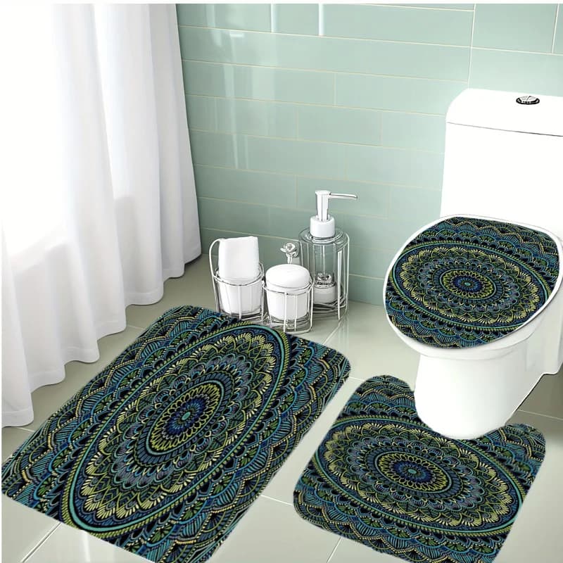 Set da bagno Mandala 3 pezzi – Morbido e antiscivolo, con imbottitura spessa, copriwater + tappetino a U + tappeto da pavimento, lavabile in lavatrice per bagno/doccia