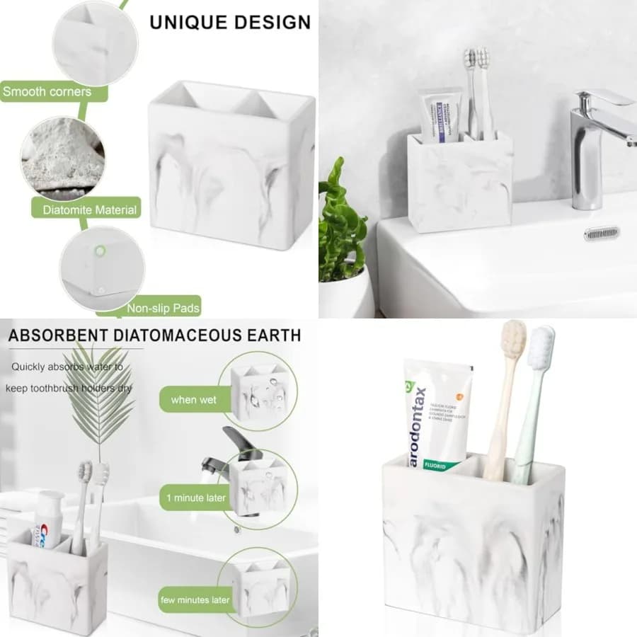Portaspazzolino in Diatomite a 2 Scomparti per Bagno, Organizzatore per Spazzolino Elettrico e Dentifricio da Appoggio