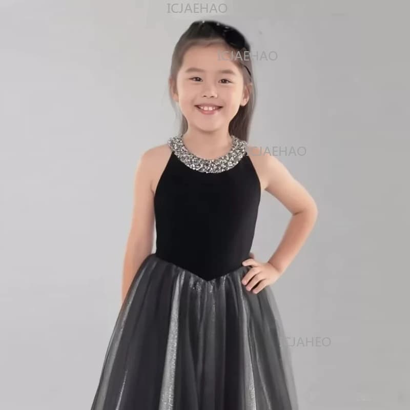 Abito Lungo Nero Senza Maniche per Bambine, Costume per Esibizioni di Pianoforte, Vestito da Principessa per Compleanno, Concerto di Violino, Presentatrice, Sfilata
