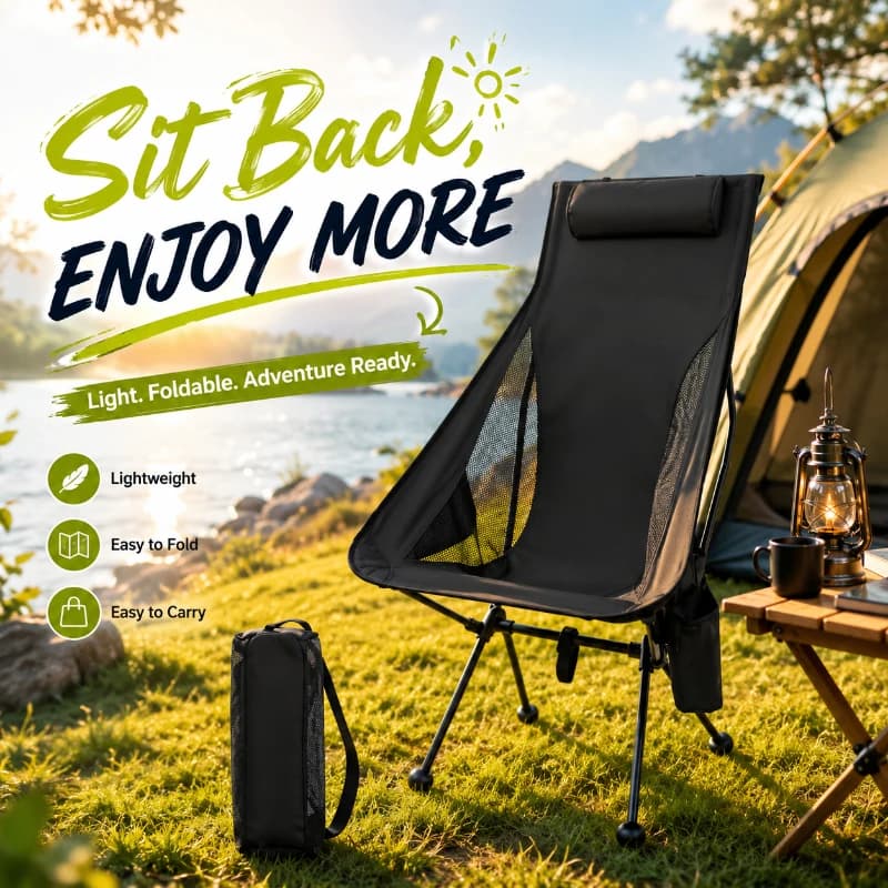 Folding Portable Camping Lounge Chair with Headrest, Durable Aluminum Frame Lightweight Seat for Fishing Picnic Outdoor Trip