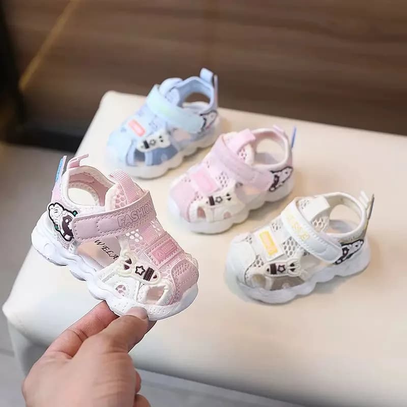 Baby Breathable Mesh Closed Toe Sandals, Cartoon Animal Patch Velcro Strap Soft Wave Sole Anti-collision Toddler Walking Shoes