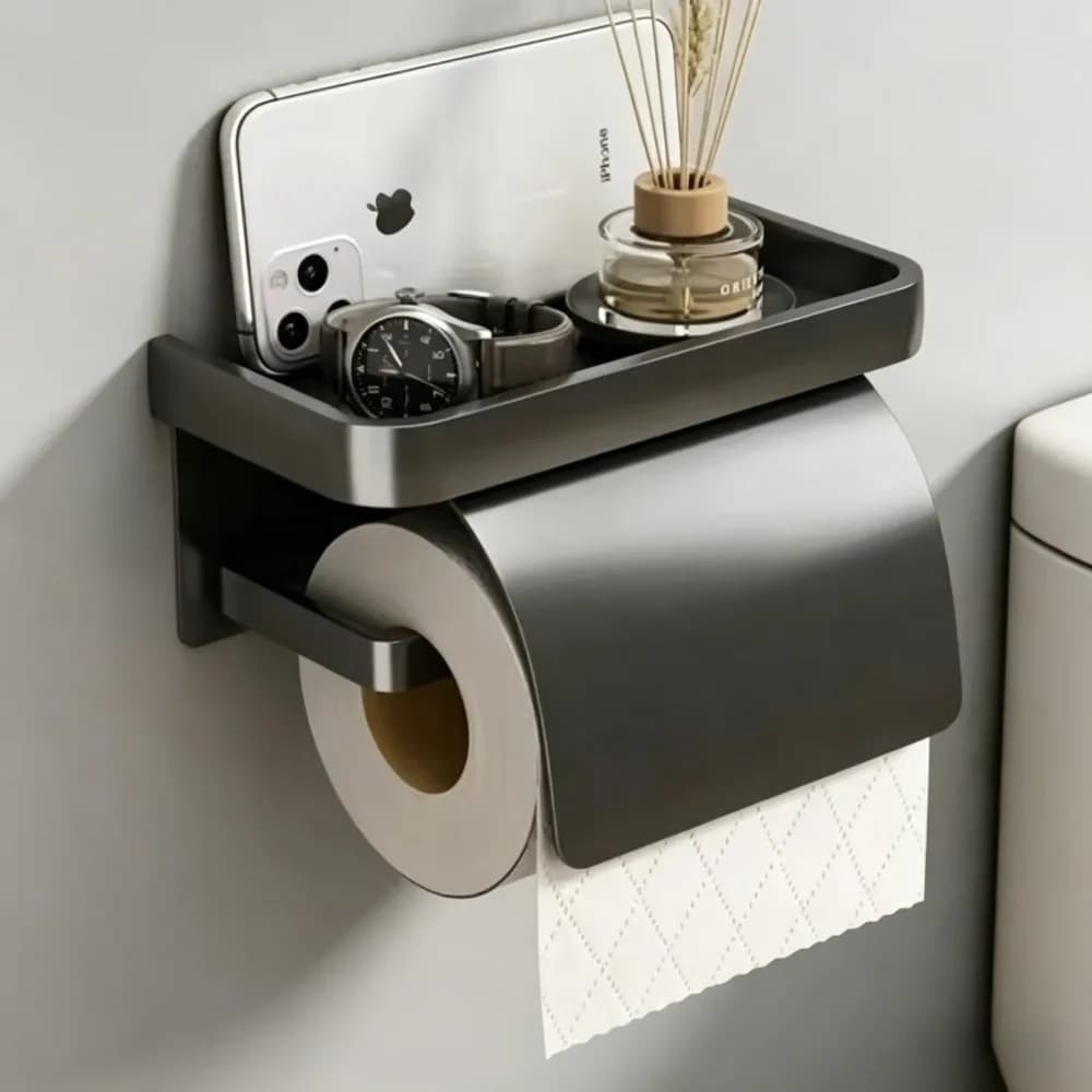 Portarotolo per Carta Igienica Autoadesivo/Perforato - Portarotolo con Ripiano Portaoggetti, Portarotolo, Porta Fazzoletti