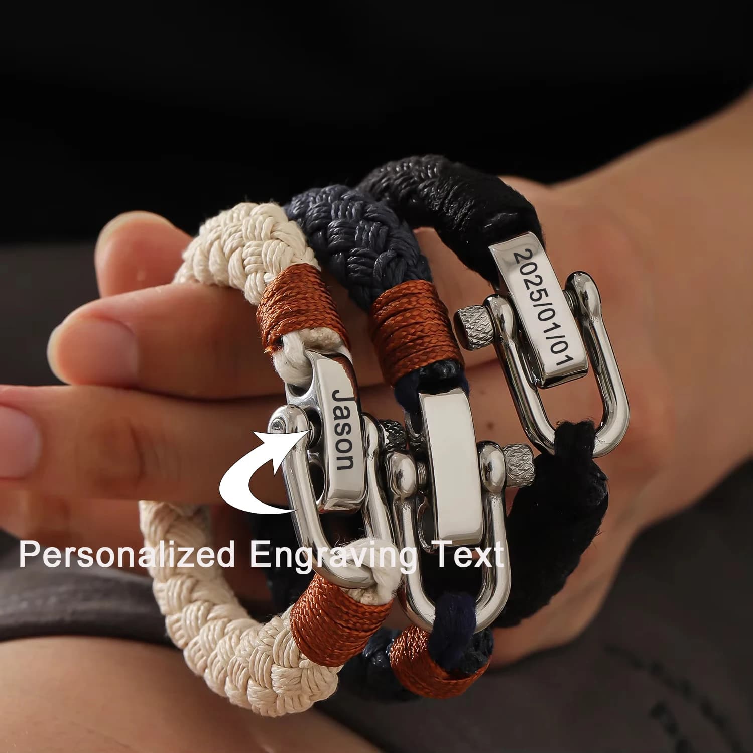 Bracciale in corda incisa con iniziali in stile nautico personalizzato per uomo Braccialetti avvolgenti con chiusura a grillo regolabile in acciaio inossidabile regalo
