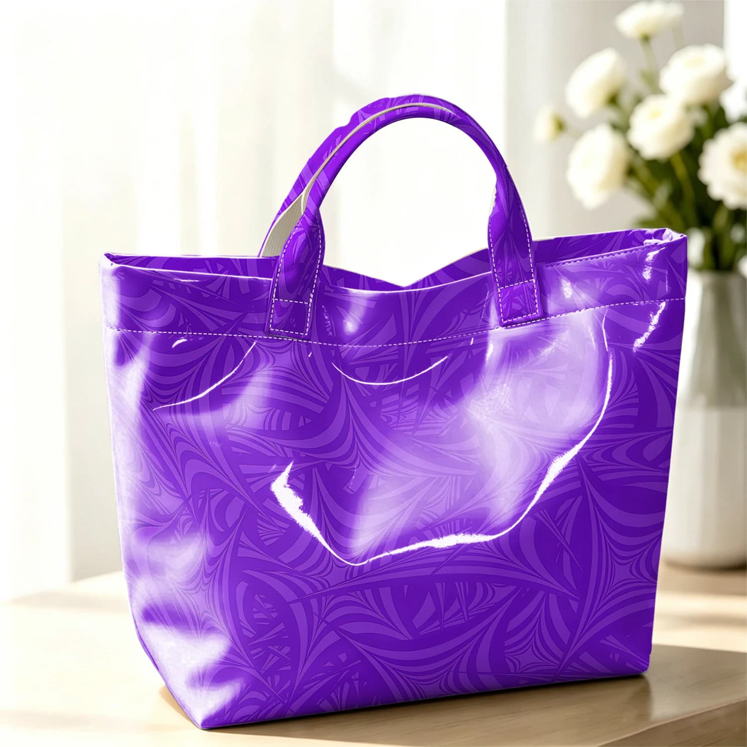Purple Swirl Abstract Cute Large Glossy PVC Tote Bag Hand Washable Lightweight Soft for Travel Commute Makeup Storage Handbags
