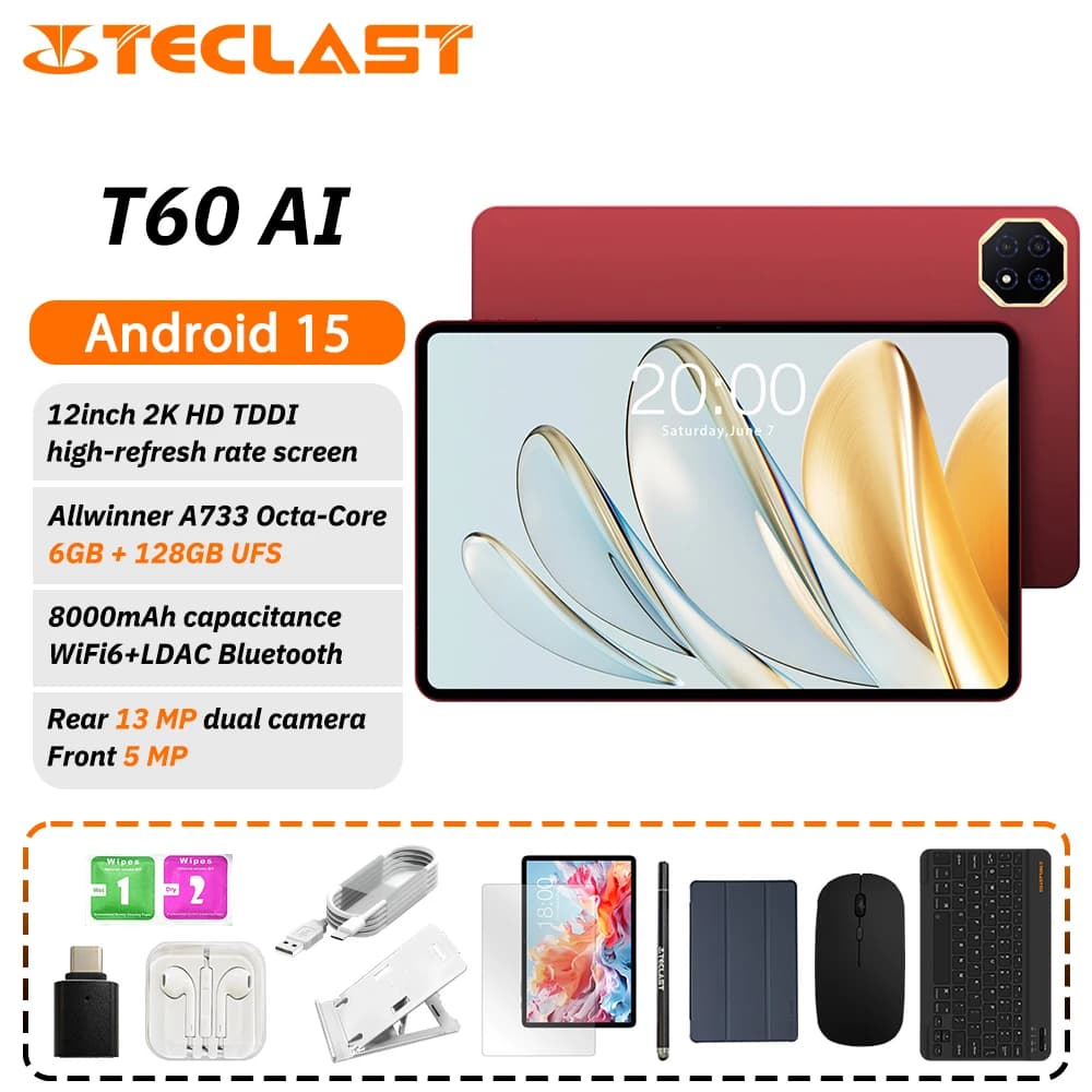 Teclast T60 AI Tablet Allwinner A733 Octa-Core 12 pollici 2K HD TDDI Schermo 6GB RAM 128GB ROM Android 15 WiFi6 8000mAh 13MP + 5MP