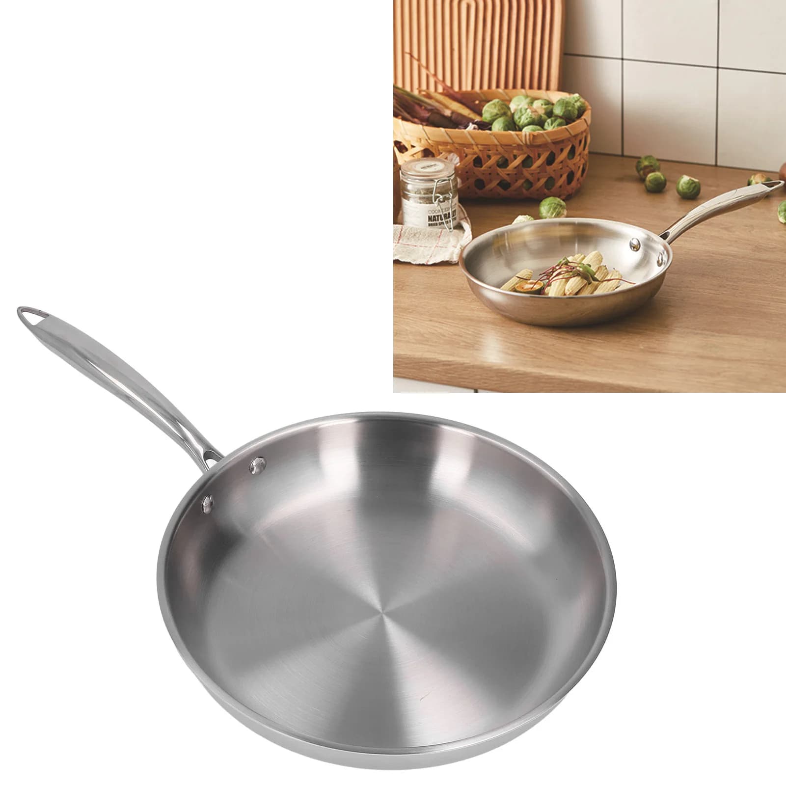Stainless steel pan Ergonomic stainless steel handle Non-coated sturdy construction pan for cooking