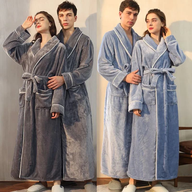 New Autumn Winter Bathrobe Hot Dress Flannel Women's Nightwear Kimono Bathrobe Long Night Shirt with Pocket Men Shower Bathrobe Dresses For Home