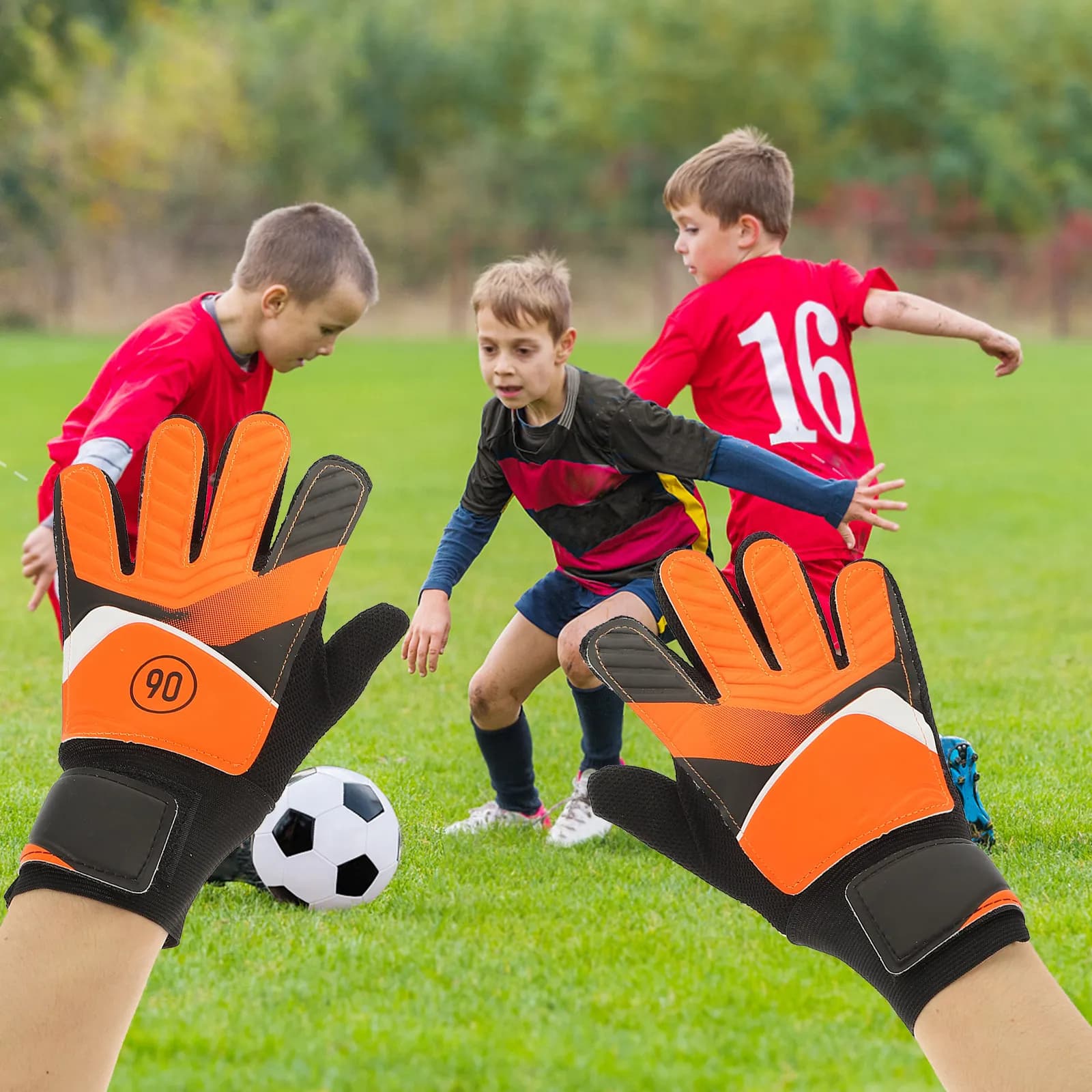 1Pair Youth Soccer Goalkeeper Gloves PU Latex Palm Shock Absorption Adjustable Strap Breathable Mesh Design Grip Comfortable
