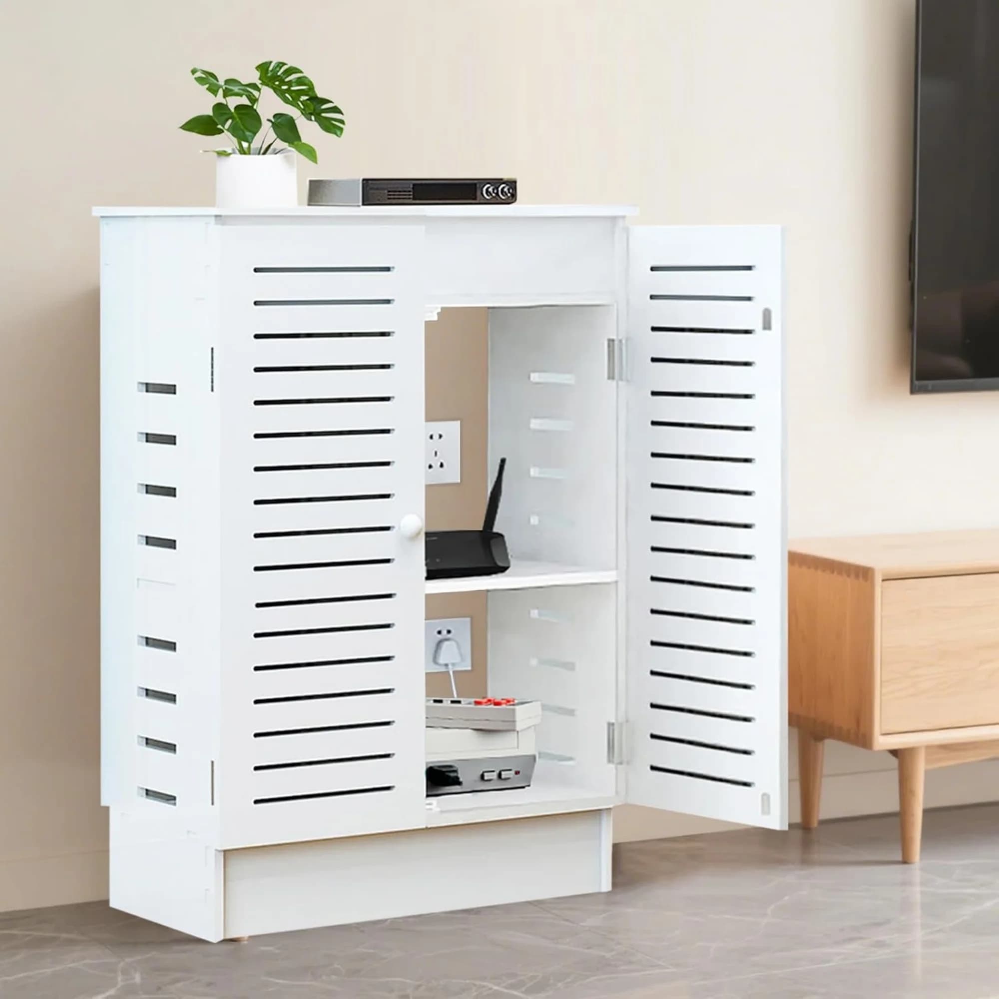 WiFi Router Storage Cabinet, Floor Standing Router Storage Box Modem, Power Strip and Cable Management Hider Organizer for Home and Office (White)