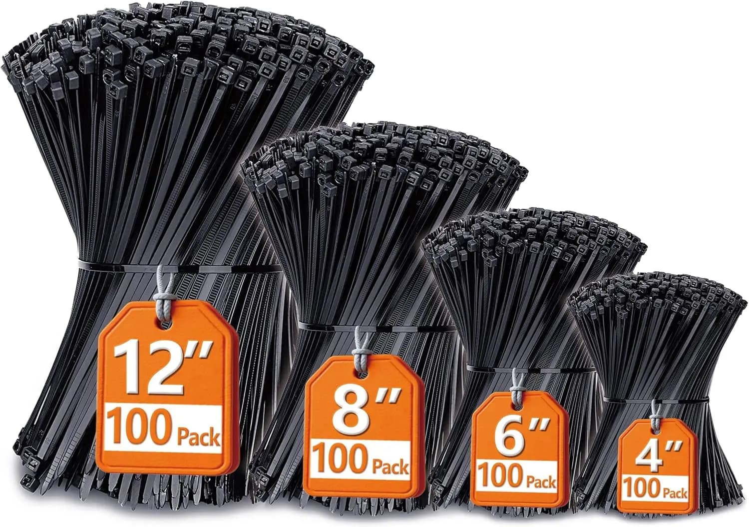 Confezione da 400 fascette per cavi, 4 misure (4, 6, 8, 12 pollici), fascette in nylon nero resistenti ai raggi UV per uso interno ed esterno