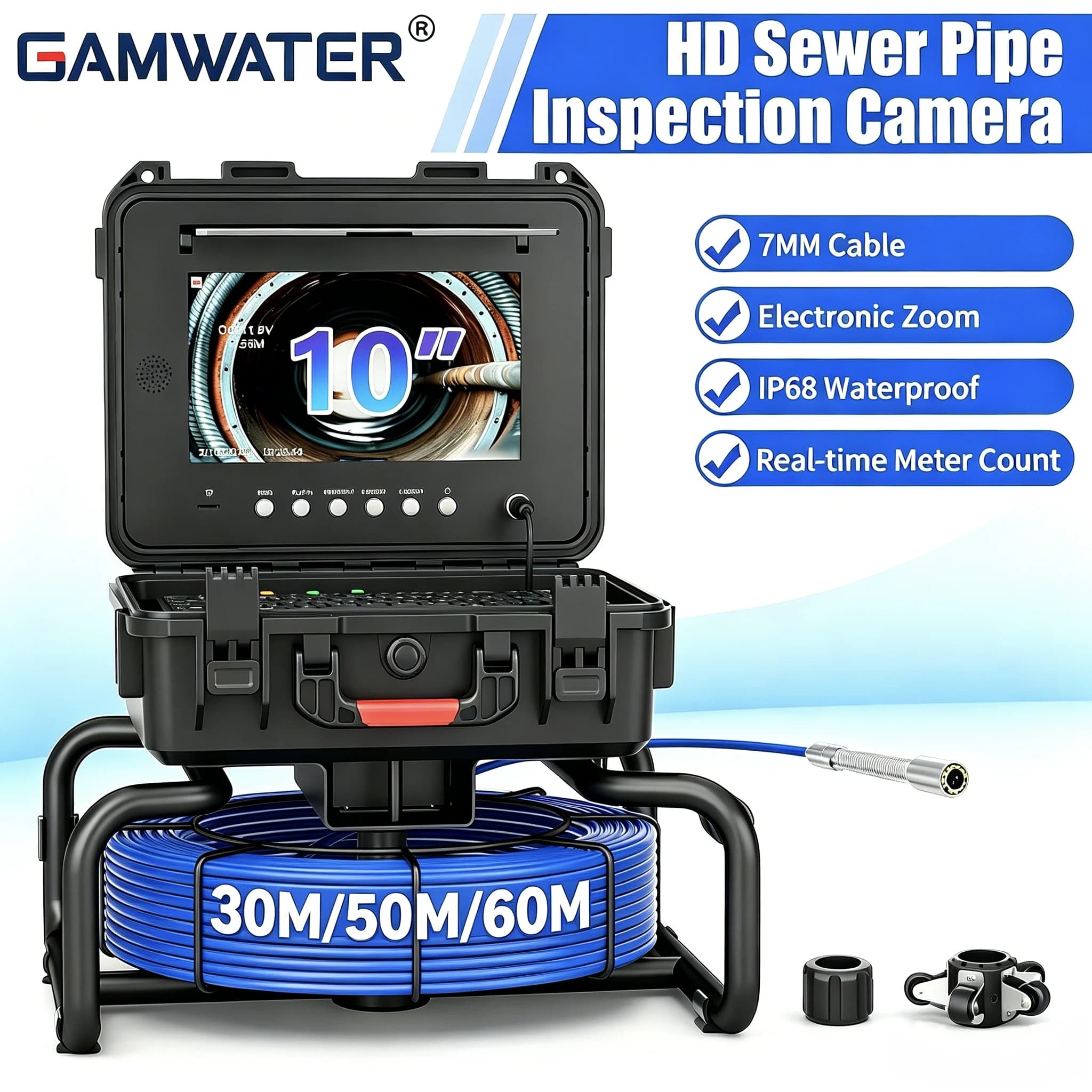 10" IPS Sewer Pipe Inspection Camera, AHD 1080P Sewer Endoscope Camera Auto Self-Leveling with 512HZ Locator, Meter Counter 7mm