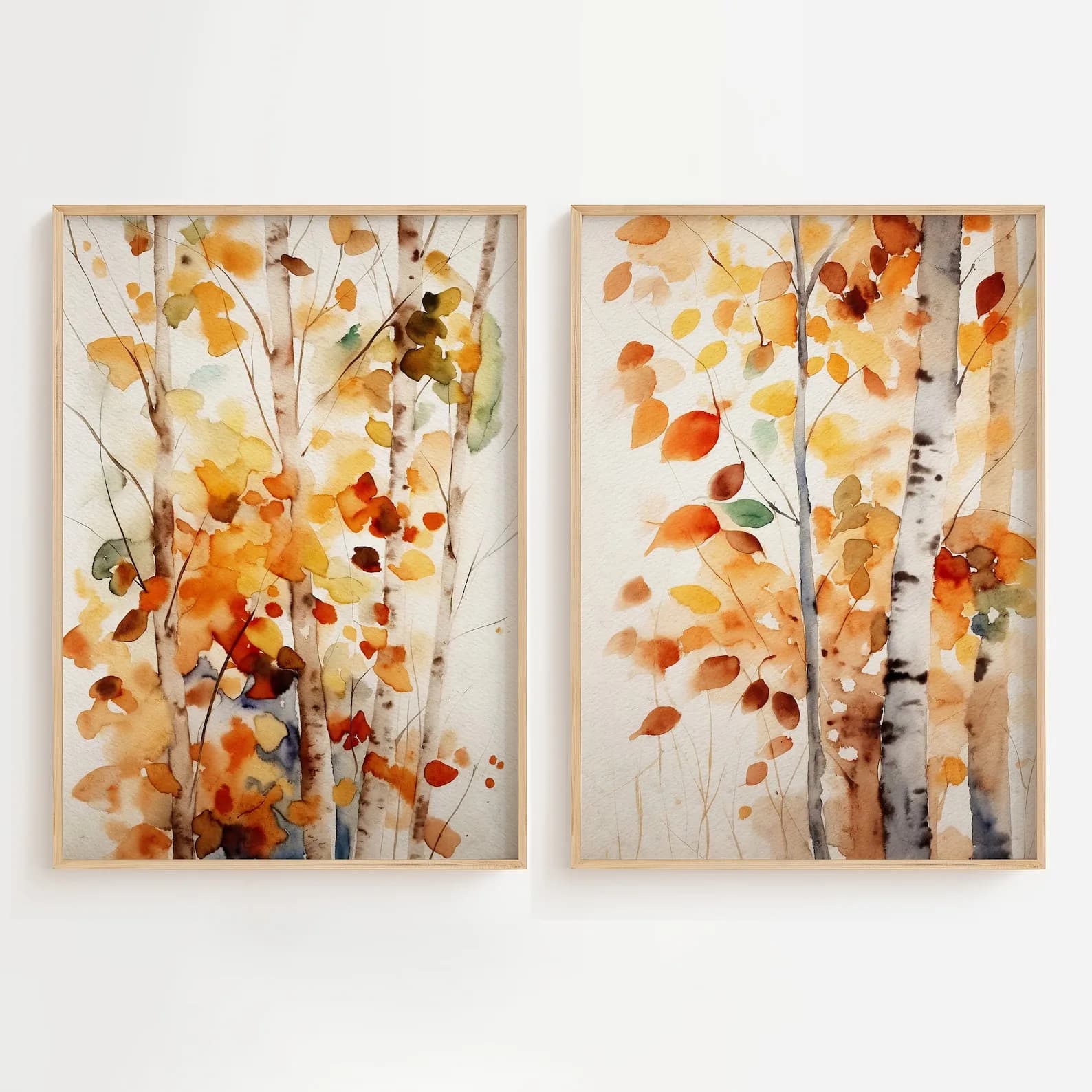 2pcs/Set Modern Fall Birch Watercolor Canvas Wall Art Prints Aspens Wall Art Autumn Landscape Fall Leaves for Living Room Decor