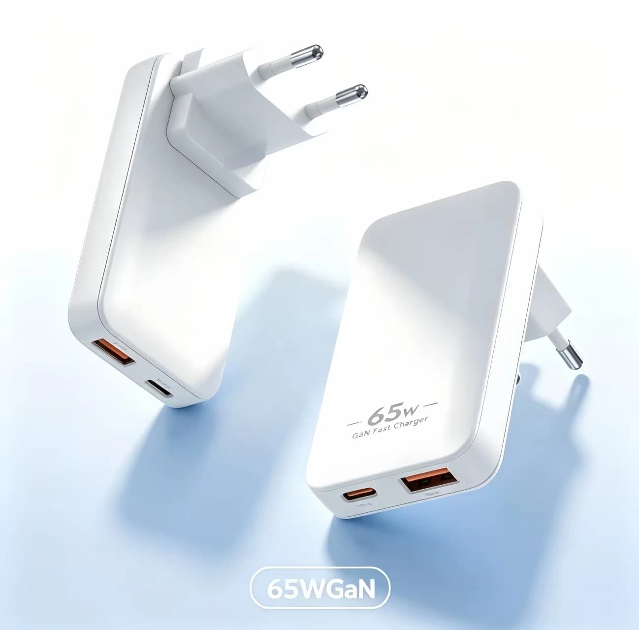 65W GaN Removable EU Plug Travel Charger, 2-Port USB C Fast Charging Block PD PPS QC 3.0 for Phone Laptop Tablet MacBook Samsung