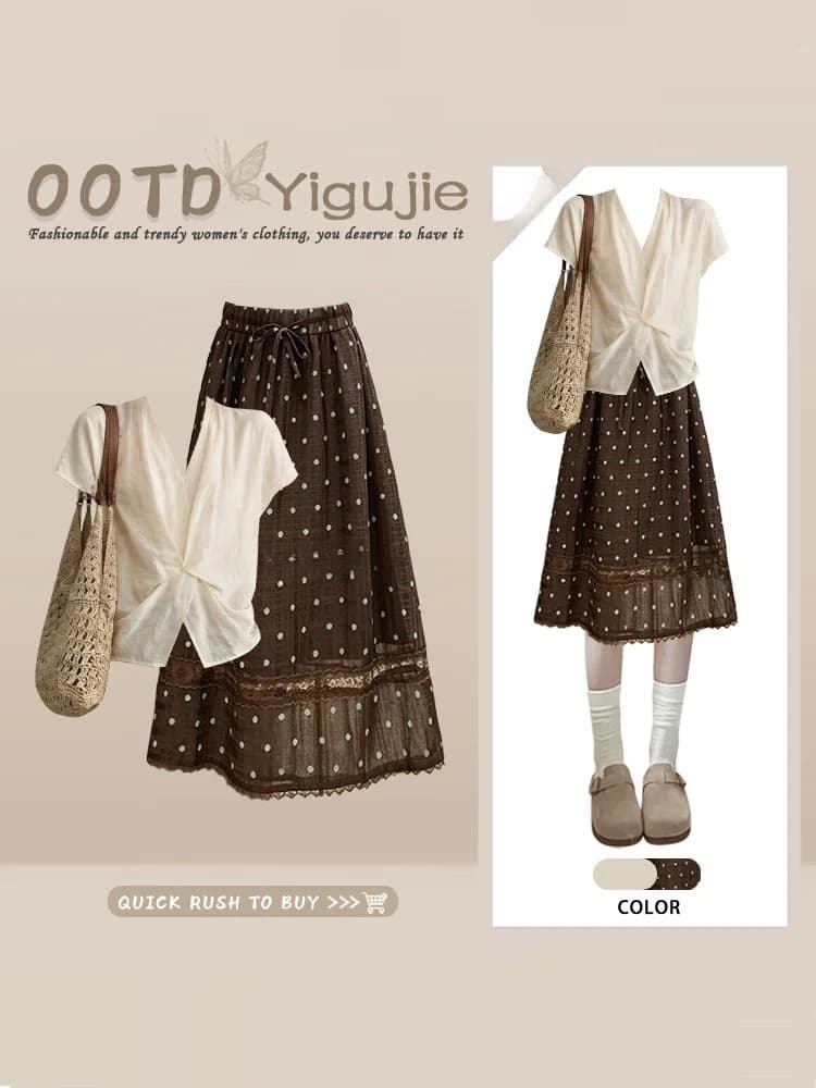 Elegant Soft Style White Short Sleeve V-Neck Top with Polka Dot Brown Skirt Two-Piece Set Women's Summer Fashion Outfit