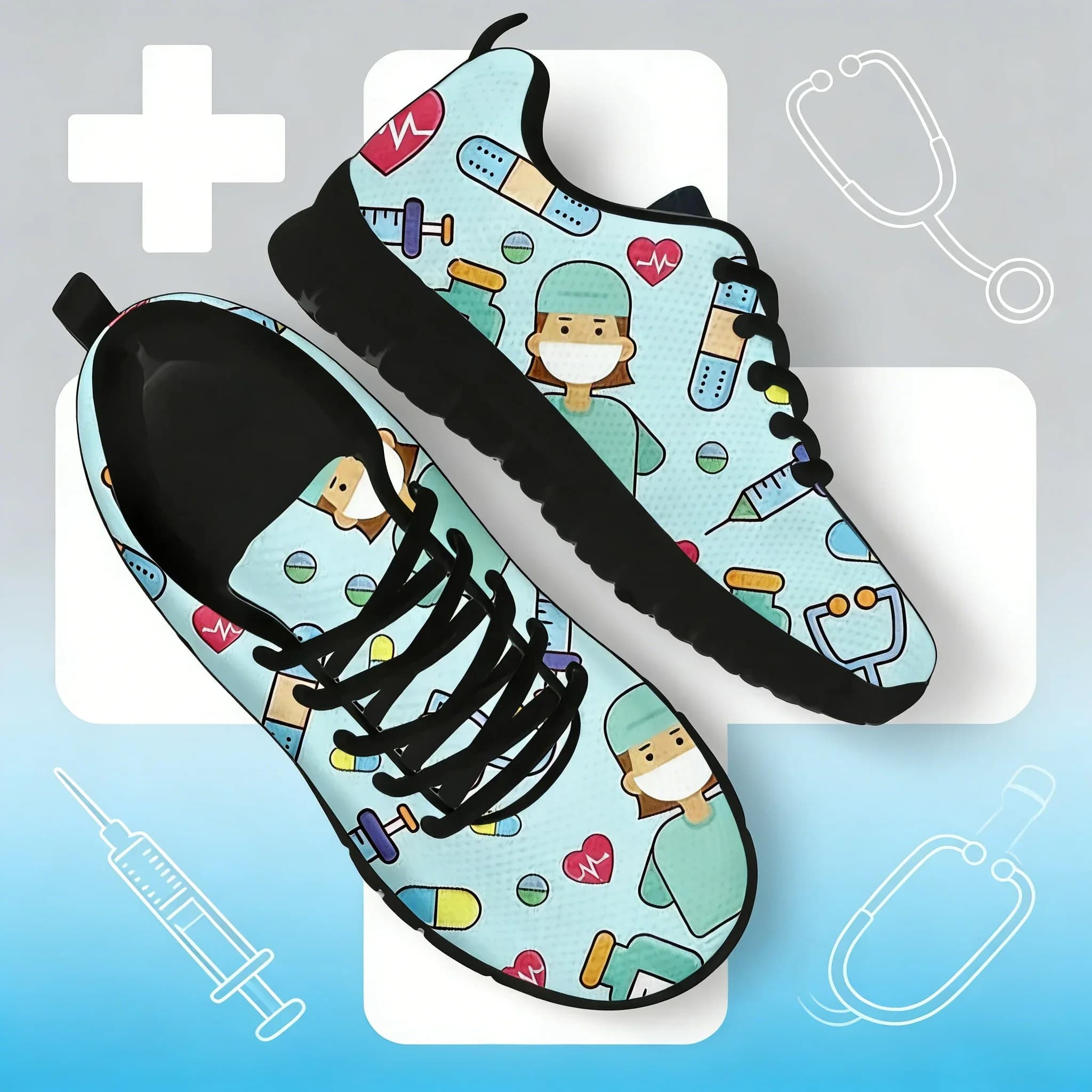 ** Cute Cartoon Nurse Printed Women's Sneakers - Breathable Mesh Flat Shoes for Women ** (Characters: 73)