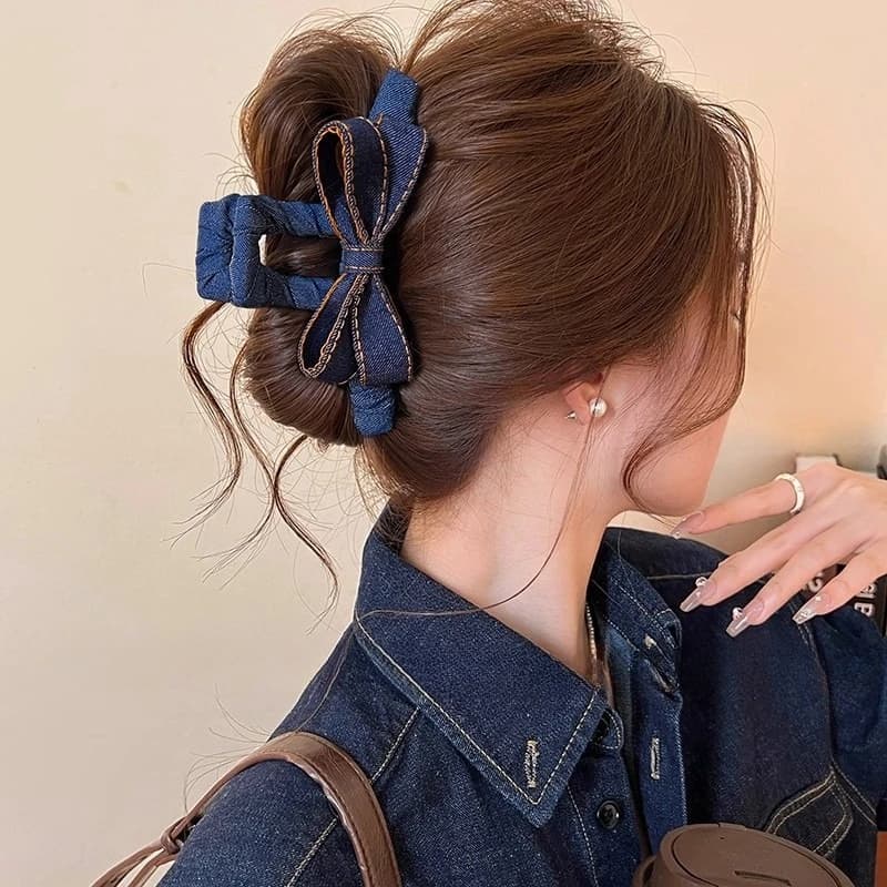 Fermaglio per Capelli a Fiocco in Denim Blu Coreano - Grande Fermaglio per Acconciature Eleganti, Accessorio Quotidiano Dolce e Chic per Appuntamenti