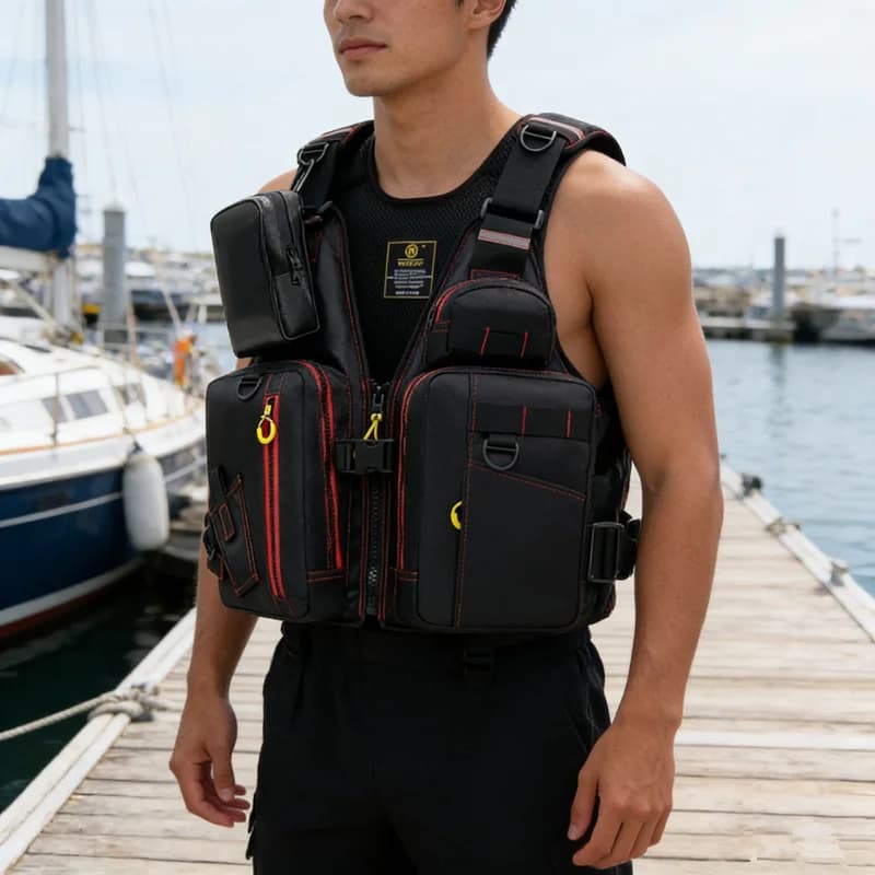 Gilet da Pesca su Roccia per Adulti con Tasche Multiple, Galleggiante e Impermeabile in Tessuto Oxford