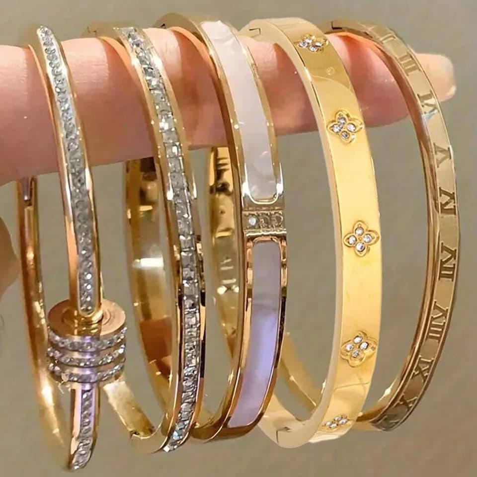 Set of 5/1 Stainless Steel Bracelets with Zirconia Sparkling for Women, Impilable Bracelets, Fashion Jewelry Responsible for Changing, Gift Idea