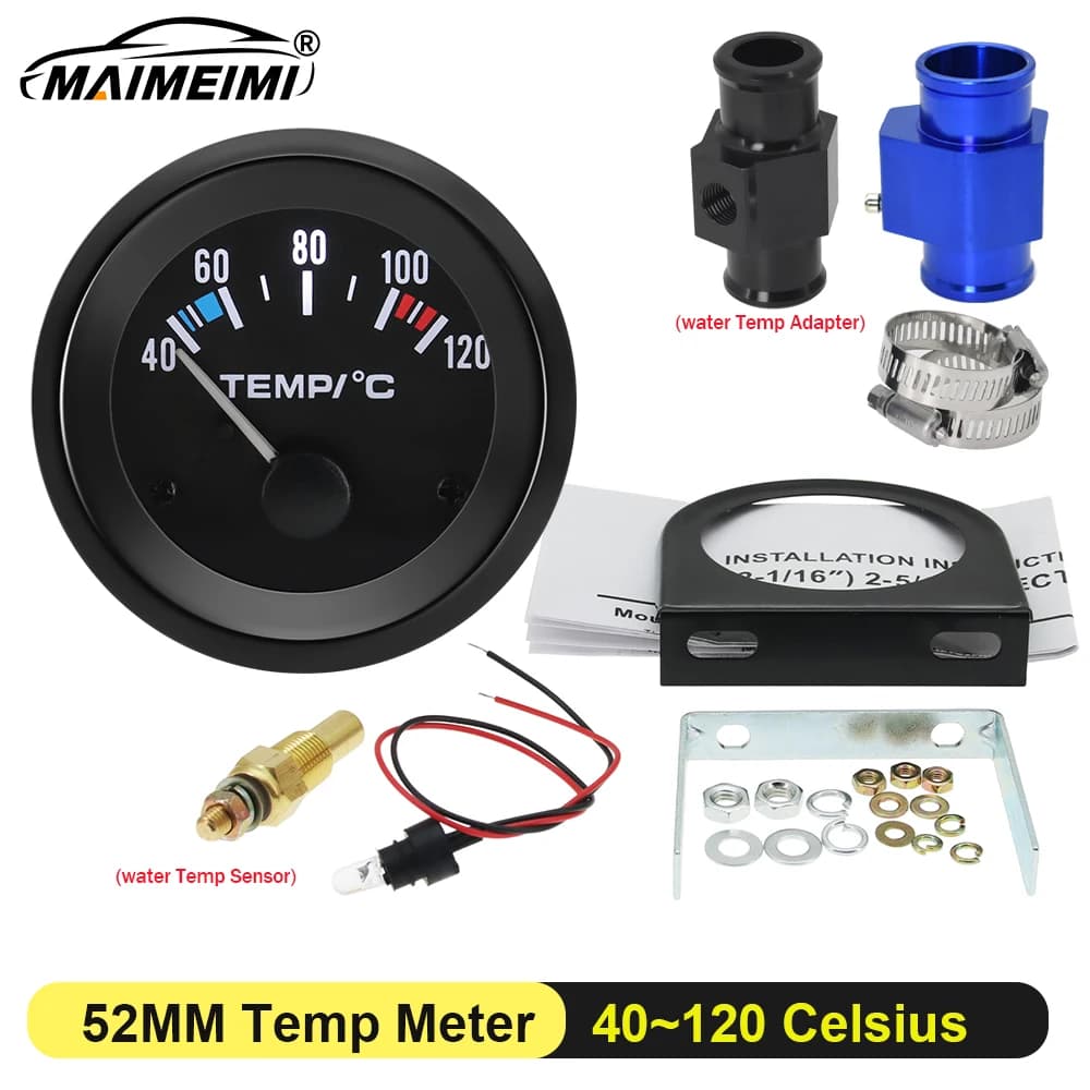Kit di misurazione della temperatura dell'acqua da 52 mm con sensore della temperatura dell'acqua Termometro automobilistico Display a LED Adattatore Tubo comune Radiatore 1/8 NPT
