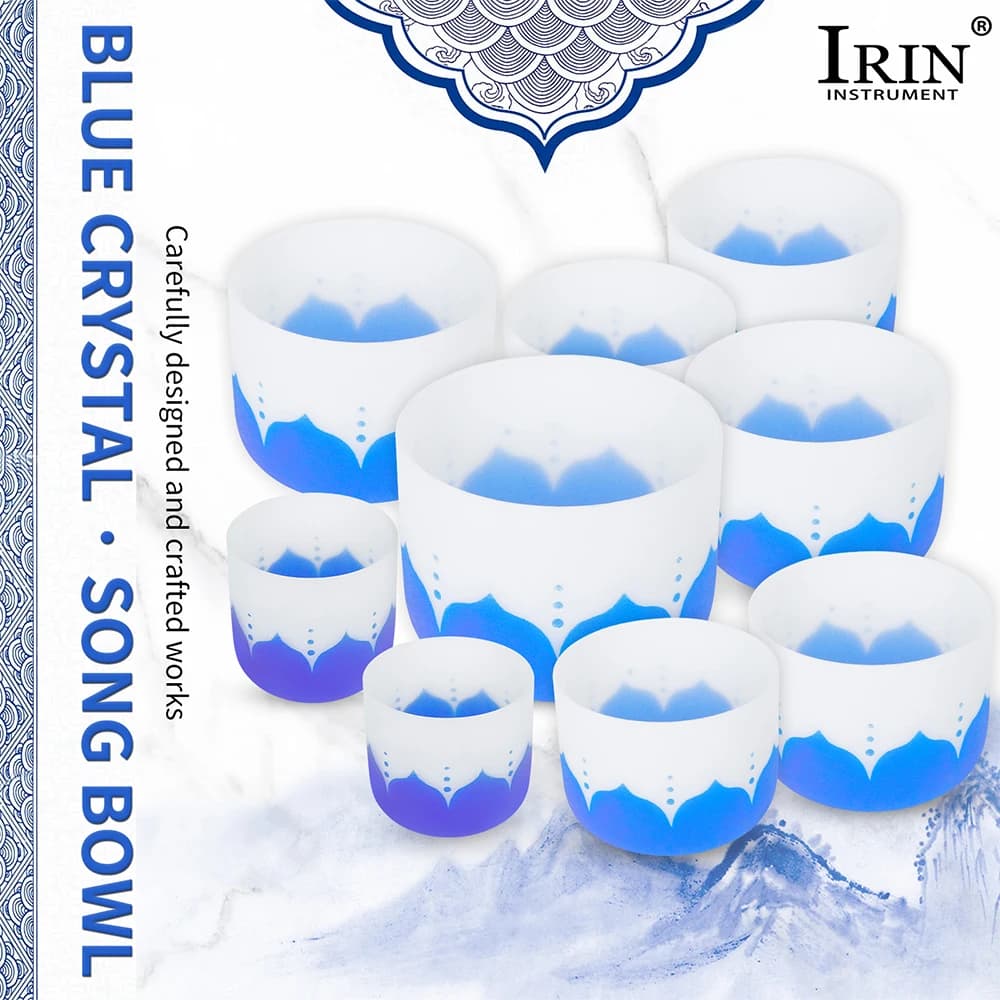 Quartz Crystal Singing Bowl 6-14 Inch Frosted Chakra Bowl with Mallet O-ring for Sound Healing Meditation Yoga Blue Lotus Design