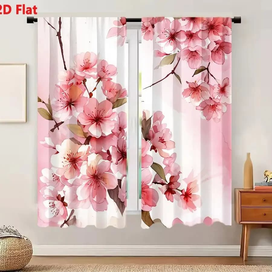 2Pcs Curtains 2D Flat Delicate Watercolor Pink Blossom Flowers With Green Leaves Spring Background Window Drapes for Bedroom Roo