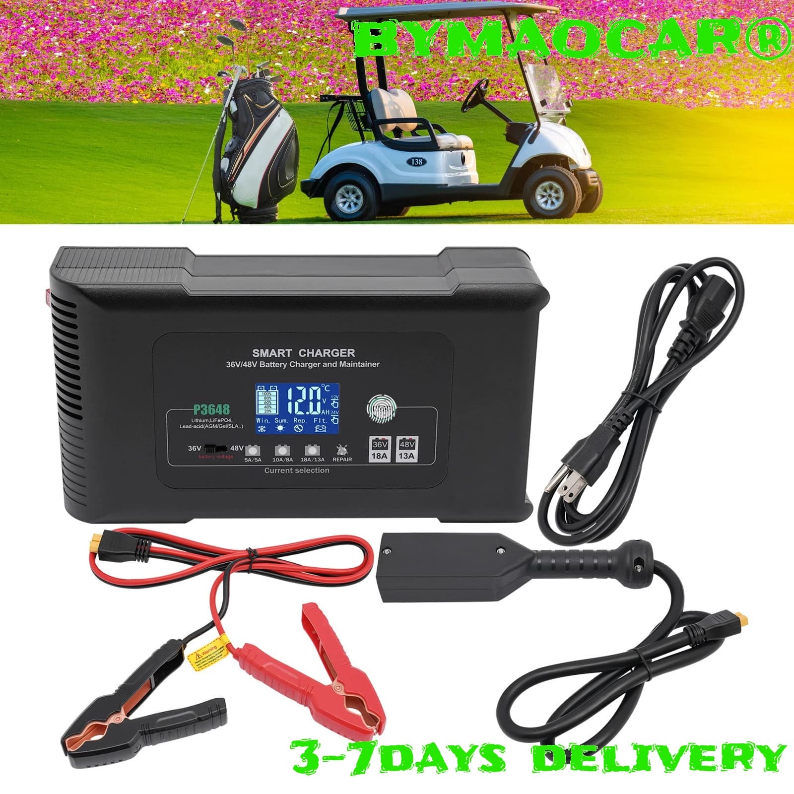 Caricabatterie Intelligente per Golf Cart 36V 18A con Connettore D, Commutatore Automatico 36V/48V e Display Digitale, Riparazione a Impulsi per Golf Cart Elettrici