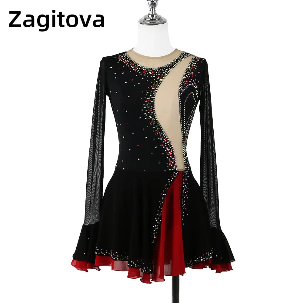 Zagitova Abito da pattinaggio di figura Donna Ragazza Gonna da pattinaggio su ghiaccio Costume Manica lunga Pagoda Abito da ballo latino Abito da cerimonia Gonna a rete