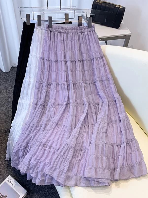 Gonna a mezza lunghezza viola taglie forti da donna, nuovo stile estivo, modello a A-line, che copre i fianchi e snellisce la figura a forma di pera