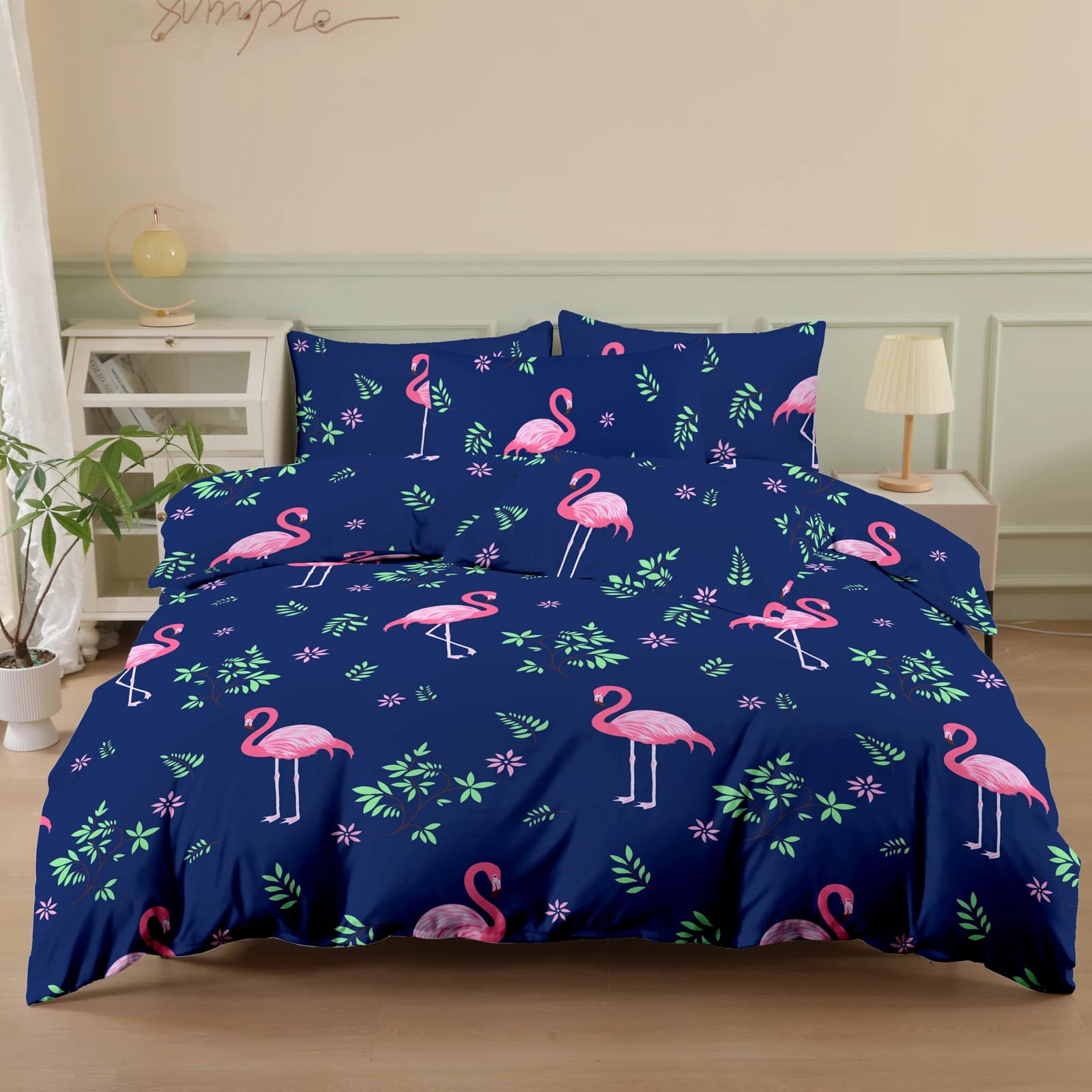 Flamingo Print Fleece Duvet Cover Set (2 Pillowcases + 1 Duvet Cover) Flamingo Pattern Bedspread 3-Piece Set Ultra-Soft and Comfortable Polyester Breathable Bedding Duvet Set Suitable for Bedrooms and Guest Rooms (Bedspread + Pillowcases, Does Not Include Duvet and Pillow Inserts) Zippered Duvet Cover + Pocket Pillowcase