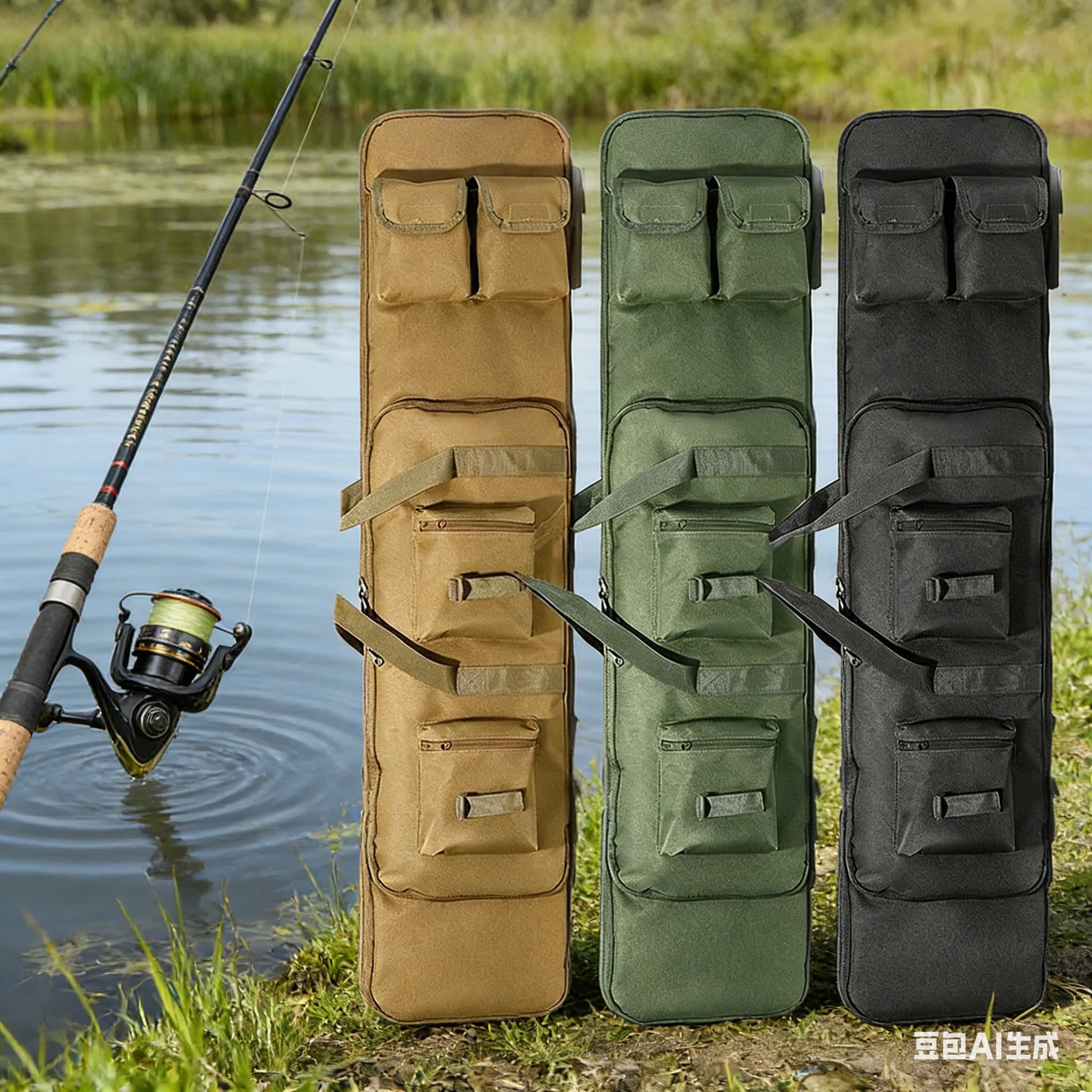 Borsa per Canne da Pesca 94/122x5x27cm in Tessuto Oxford con Quattro Tasche Funzionali, Borsa Rettangolare a Doppio Strato per Accessori da Pesca e Caccia
