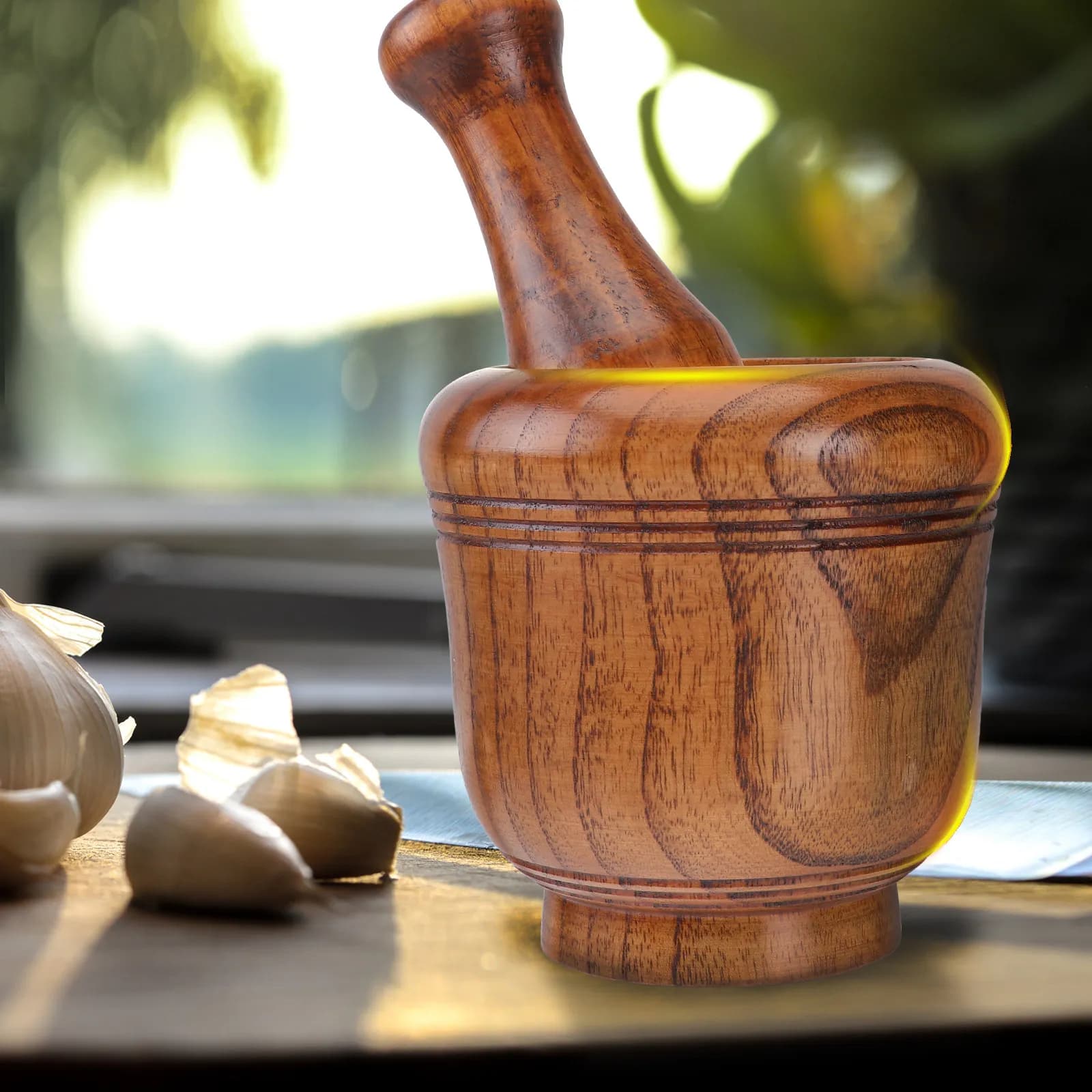 Set di 1 Mortaio e Pestello in Legno Massello Robusto, Finitura Naturale, Macinino per Spezie per Uso in Cucina, Neutro dal Gusto, Facile da Lavare