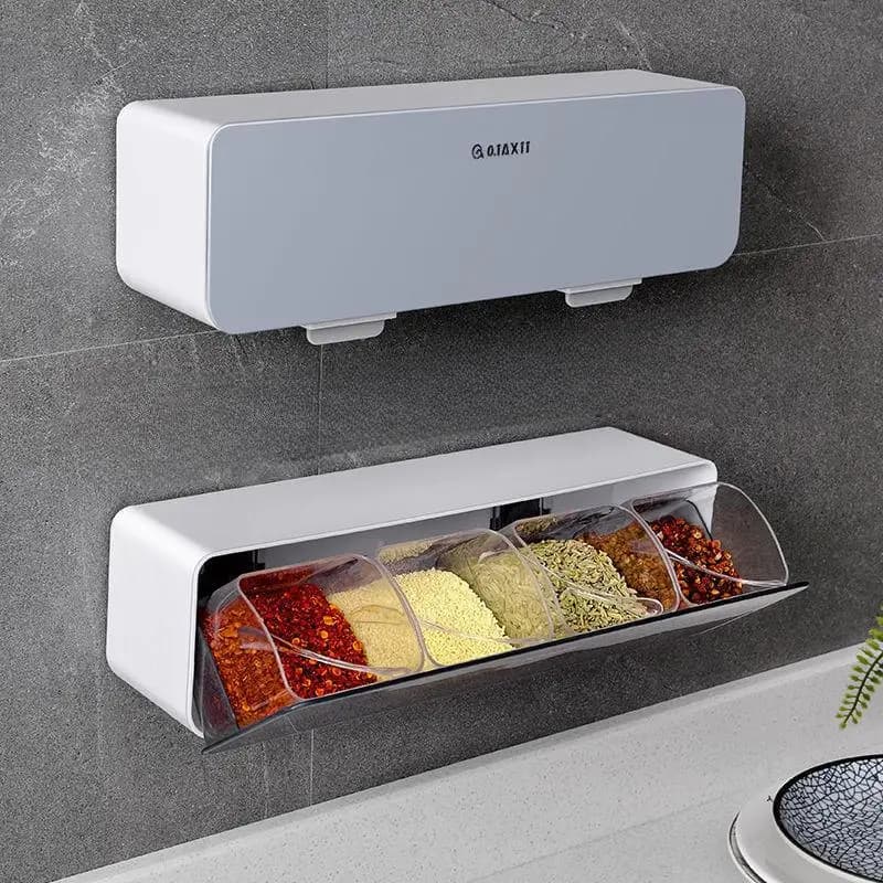 Scatola per condimenti a parete Set combinato per uso domestico Condimento da cucina Scatola di immagazzinaggio integrata a quattro scomparti senza punzonatura