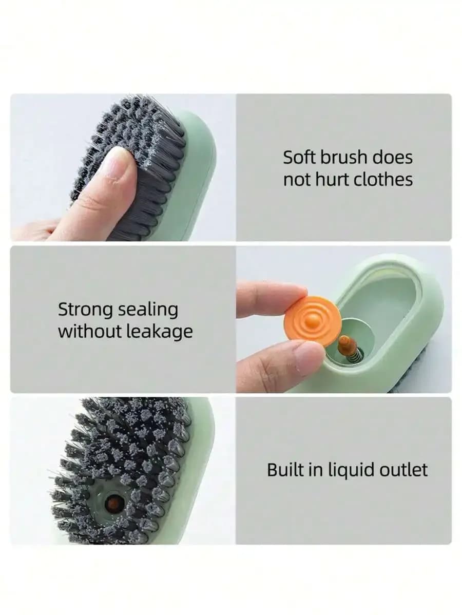 Spazzola verde menta a setole morbide con camera liquida sigillata a prova di perdite e dispenser a pressione per scarpe, vestiti, casa