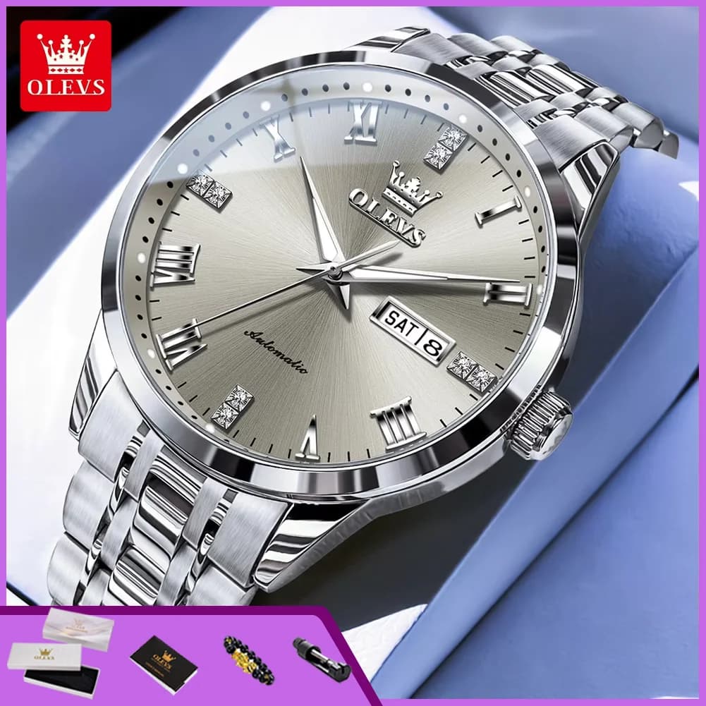 OLEVS 7062 Orologi Originali da Uomo in Acciaio Inossidabile, Semplici con Doppio Calendario, Luminosi, Impermeabili, Automatici Meccanici