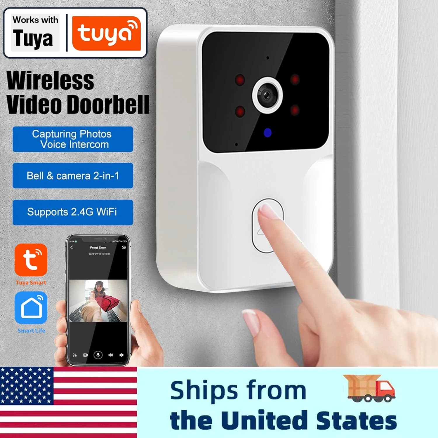 Tuya Smart Video Campanello con telecamera HD Campanello wireless per la sicurezza domestica, visione notturna, cambio vocale, audio bidirezionale, impermeabile