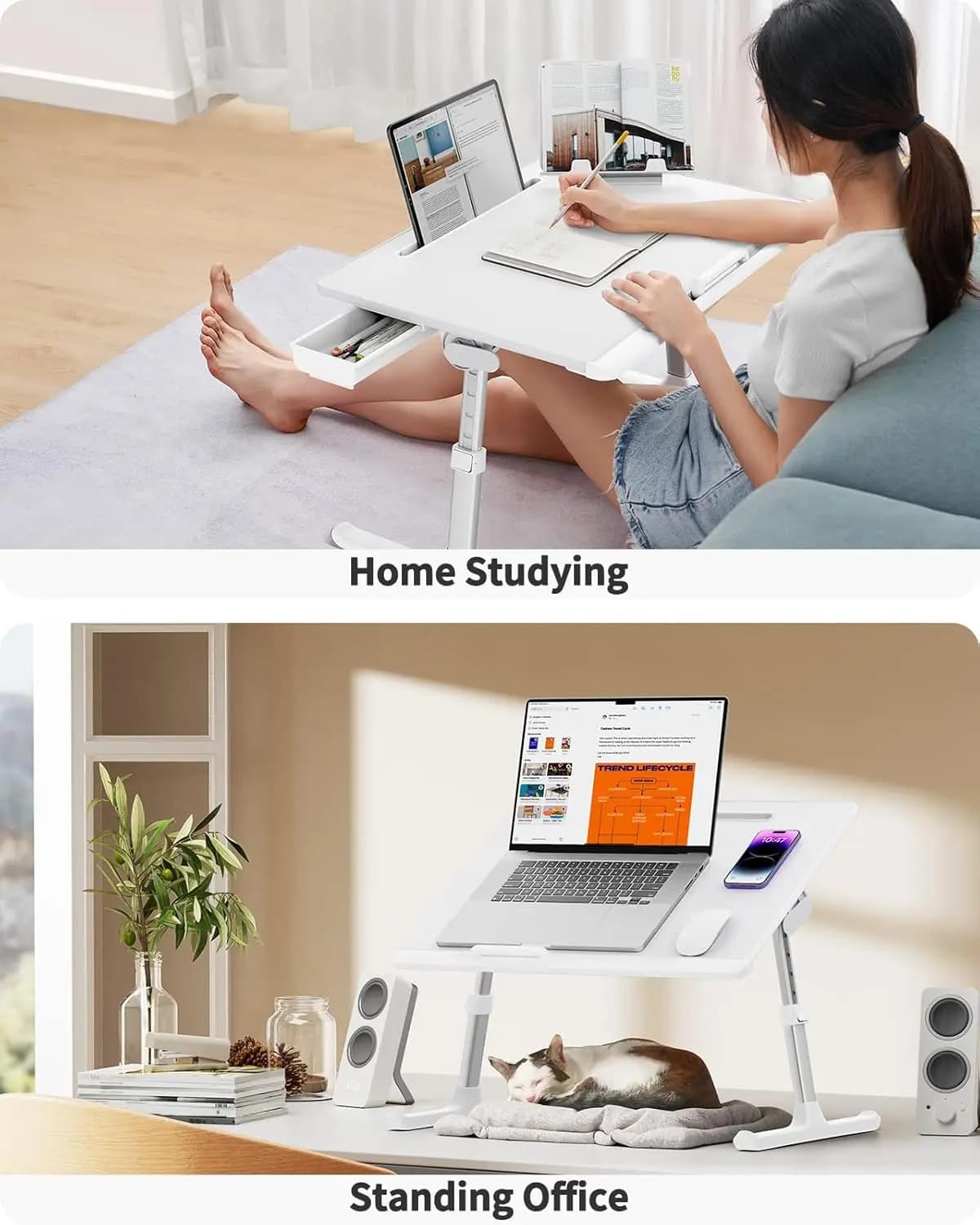Tavolo vassoio letto per laptop, scrivania letto regolabile per laptop, supporto pieghevole per laptop con cassetto portaoggetti per mangiare, lavorare