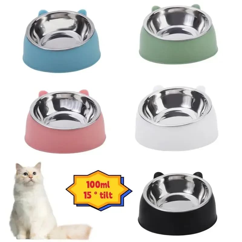 Ciotola per cibo per gatti inclinata in acciaio inossidabile Design per orecchie di gatto Bocca inclinata Alimentatore per alimenti per animali domestici Forniture per acqua Alimentatori Ciotola per cani Forniture per gatti