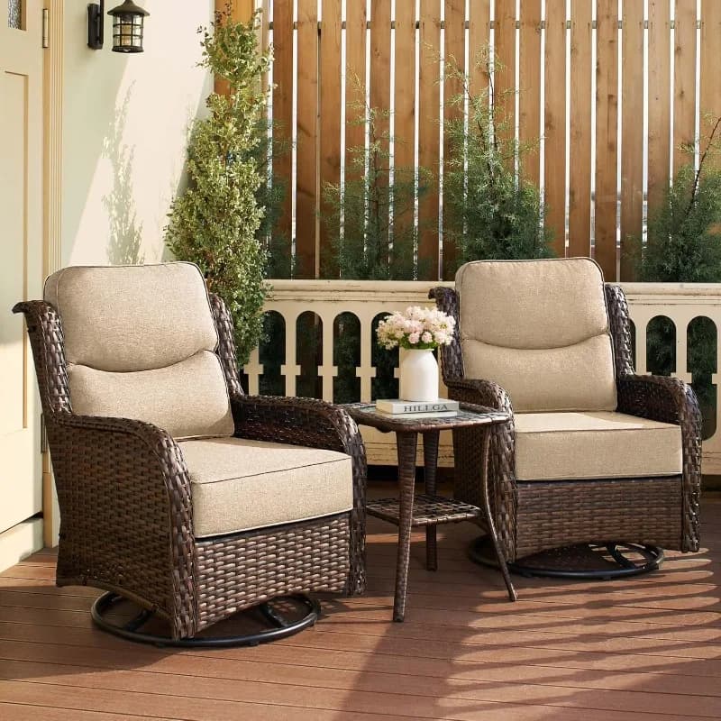 HILLGA Luxury Outdoor Patio Furniture Set with 6-Inch Thick Cushions, High Back Wicker Swivel Rocker Chairs, 3 Pcs All Weather