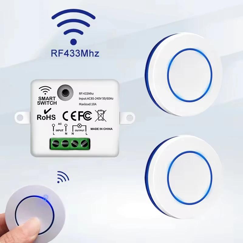 RF 433 MHz Wireless 10A Relay Receiver Remote Control Light 220 V 110 V Mini Push Button Round Panel Switch LED Light