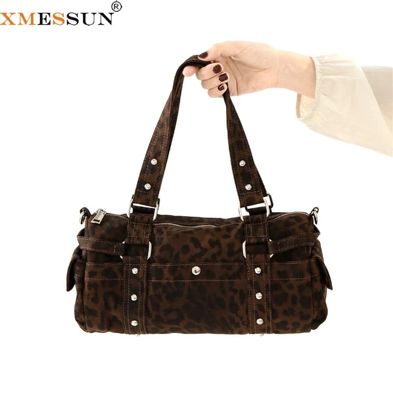 XMESSUN New Vintage Leopard Rivet Motorcycle Tote Bag,Fashion Barrel Boston Commuter Bag,Casual Women Shoulder Messenger Bag