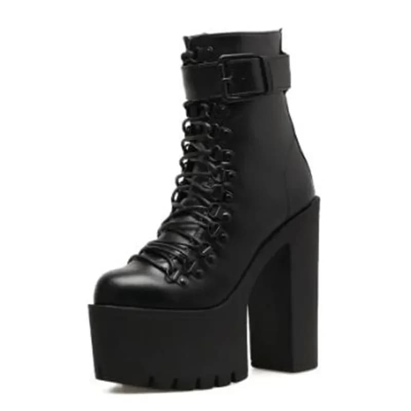 NEW women platform big heel high ankle boots strap with buckle tightened side zip boot motorcycle punk style gothic shoe Botas Mujer