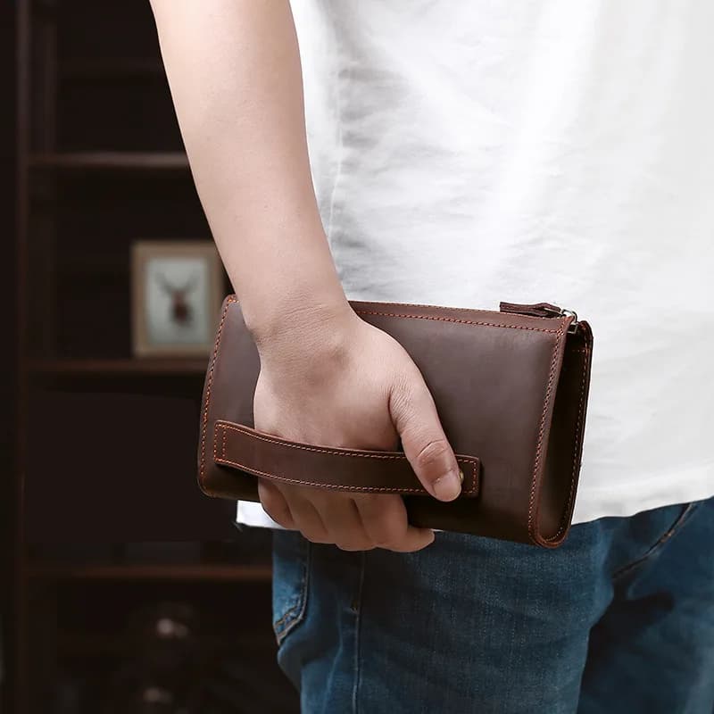 Men's pouch, long hand bag, vintage style, cow leather, long wallet for men and women, with zipper.