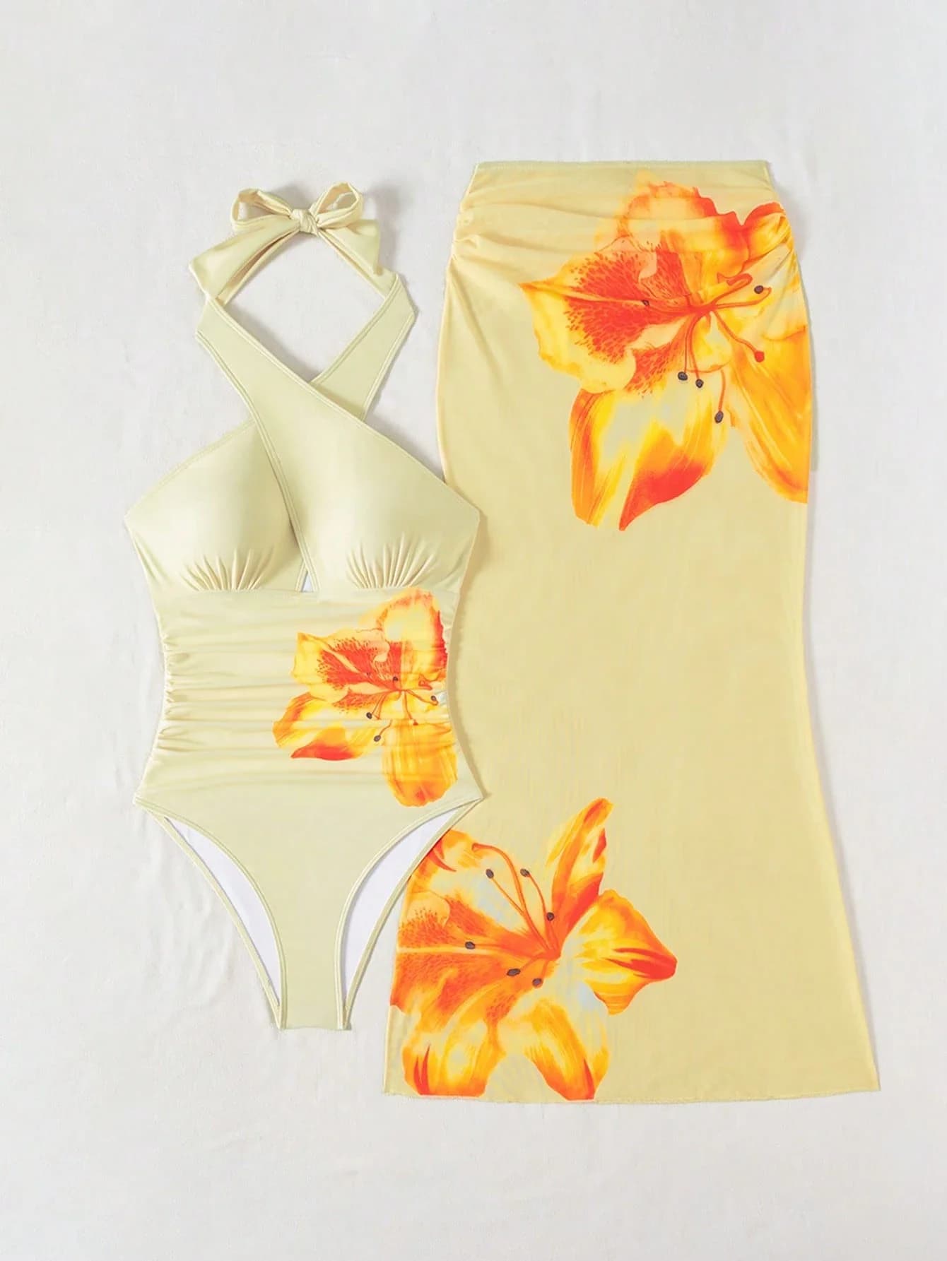 Set costume da bagno da donna con top tankini con scollo all'americana e gonna lunga con stampa floreale