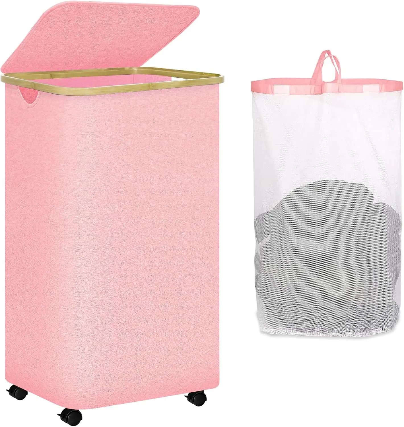 Large Pink Wallet Basket with Wheels and Covers, Foldable Basket and Net Bag Removable for Easy Transport