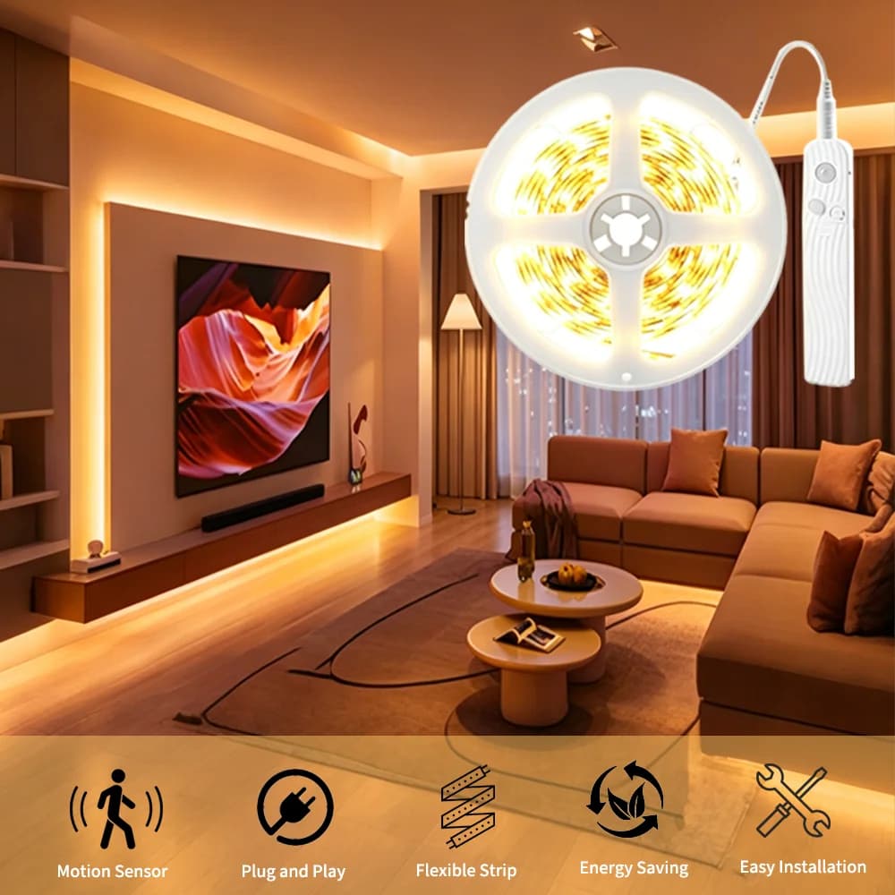 Striscia LED con Sensore di Movimento, Doppia Modalità, Ritardo di Spegnimento Regolabile, Facile Installazione, Illuminazione per Armadietti, Batterie Non Incluse